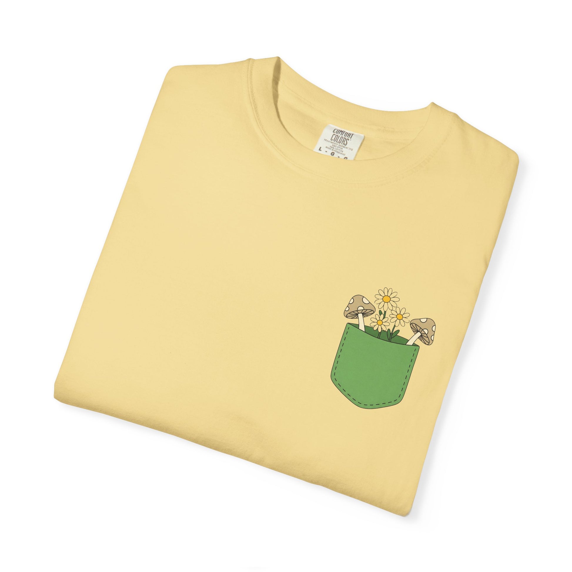 Comfort Colors, Mushroom and Daisy Pocket T-Shirt, Cute Nature Kawaii Tee,  Unisex Garment-Dyed Tee, Flower Lover Shirt