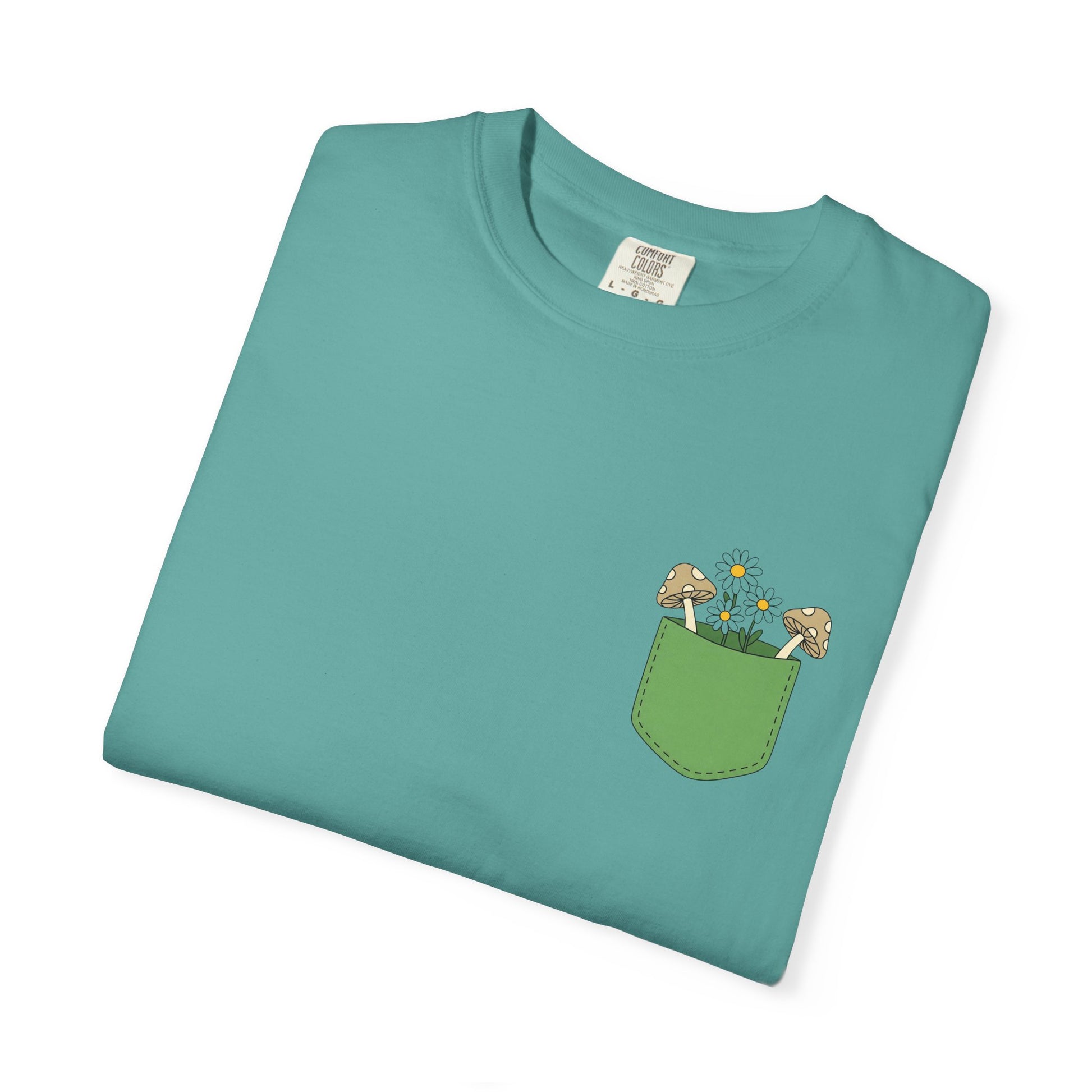 Comfort Colors, Mushroom and Daisy Pocket T-Shirt, Cute Nature Kawaii Tee,  Unisex Garment-Dyed Tee, Flower Lover Shirt