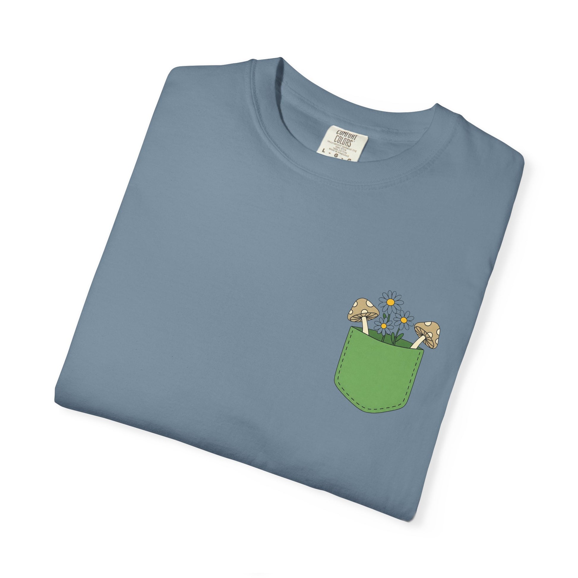Comfort Colors, Mushroom and Daisy Pocket T-Shirt, Cute Nature Kawaii Tee,  Unisex Garment-Dyed Tee, Flower Lover Shirt