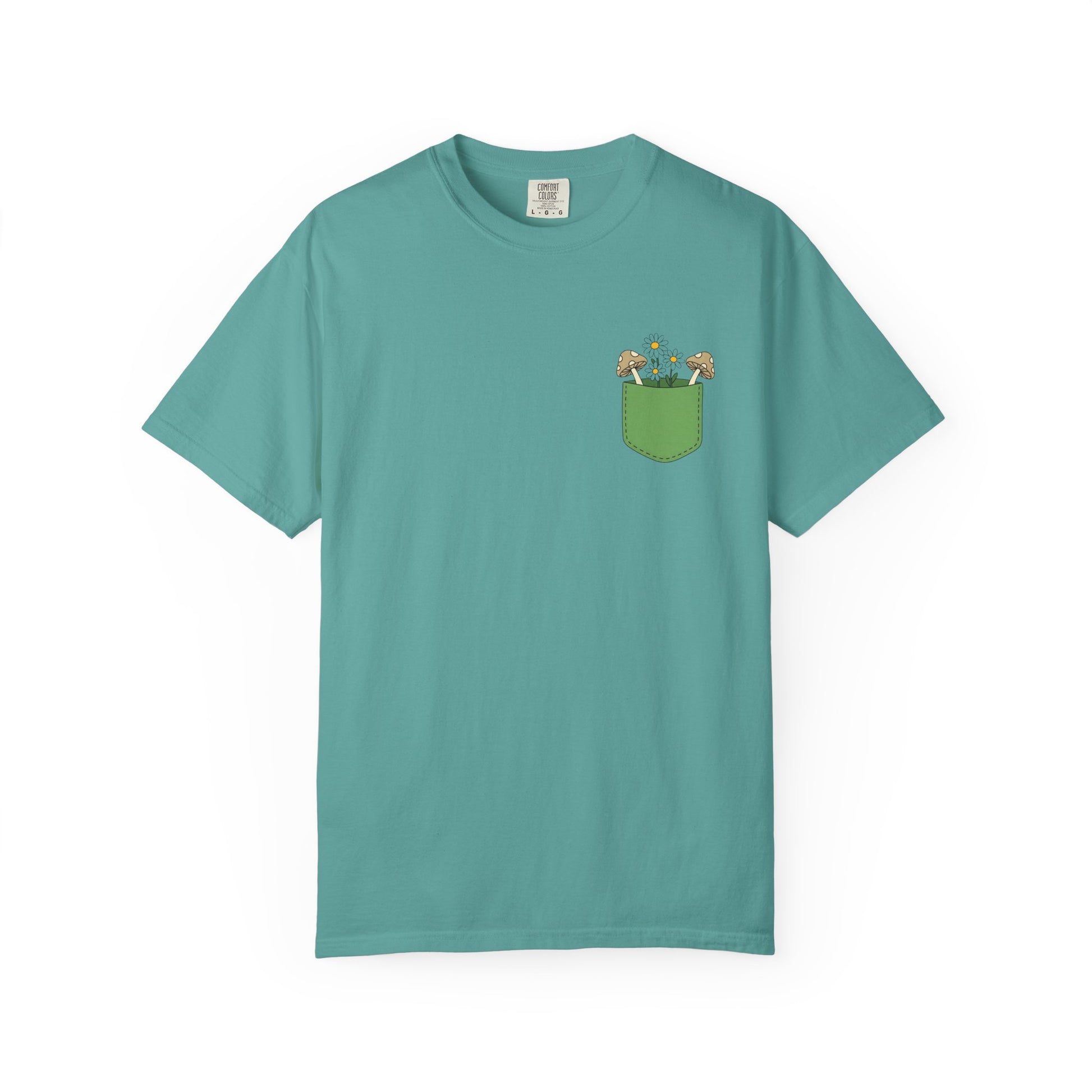 Comfort Colors, Mushroom and Daisy Pocket T-Shirt, Cute Nature Kawaii Tee,  Unisex Garment-Dyed Tee, Flower Lover Shirt
