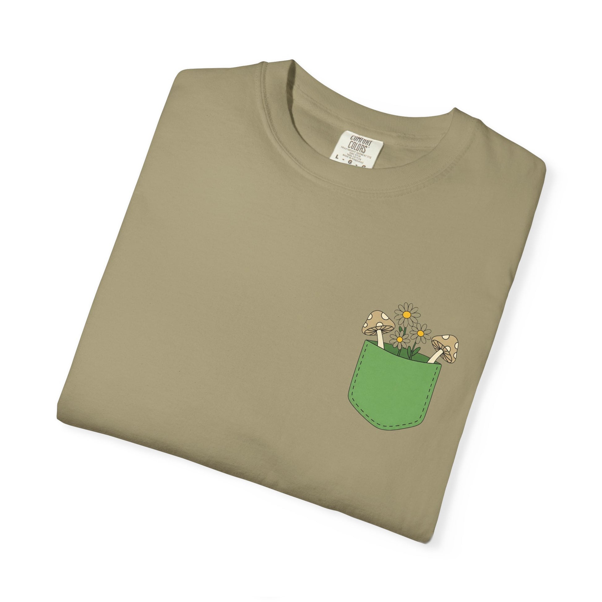Comfort Colors, Mushroom and Daisy Pocket T-Shirt, Cute Nature Kawaii Tee,  Unisex Garment-Dyed Tee, Flower Lover Shirt