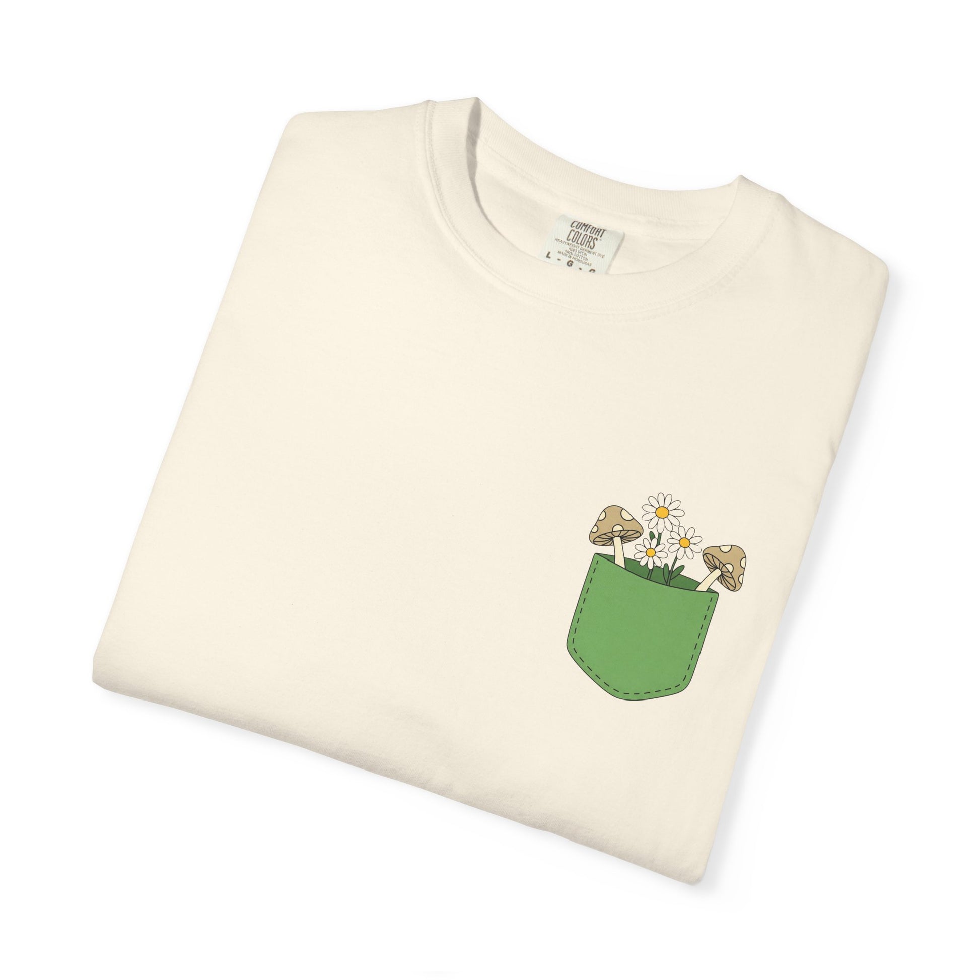Comfort Colors, Mushroom and Daisy Pocket T-Shirt, Cute Nature Kawaii Tee,  Unisex Garment-Dyed Tee, Flower Lover Shirt