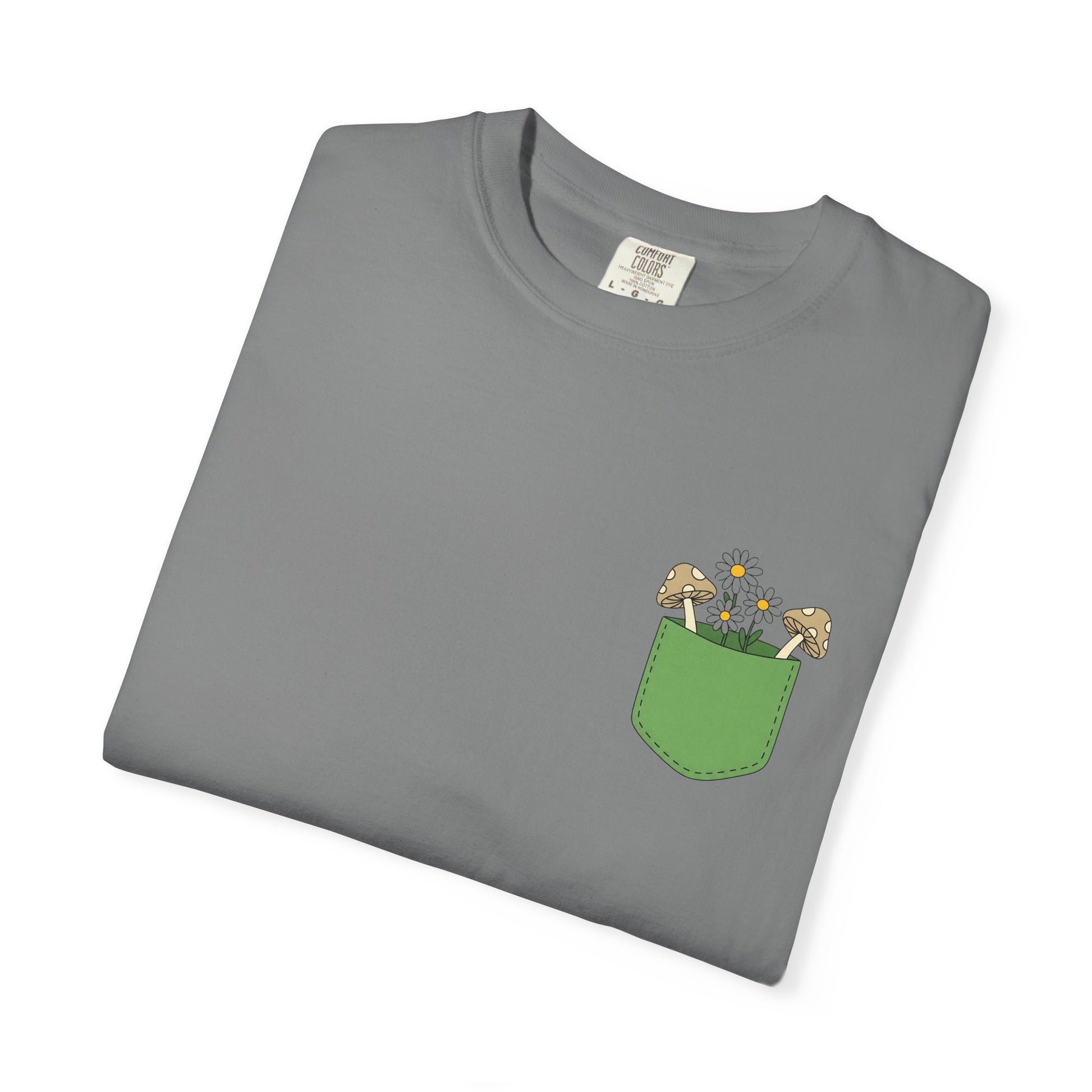 Comfort Colors, Mushroom and Daisy Pocket T-Shirt, Cute Nature Kawaii Tee,  Unisex Garment-Dyed Tee, Flower Lover Shirt