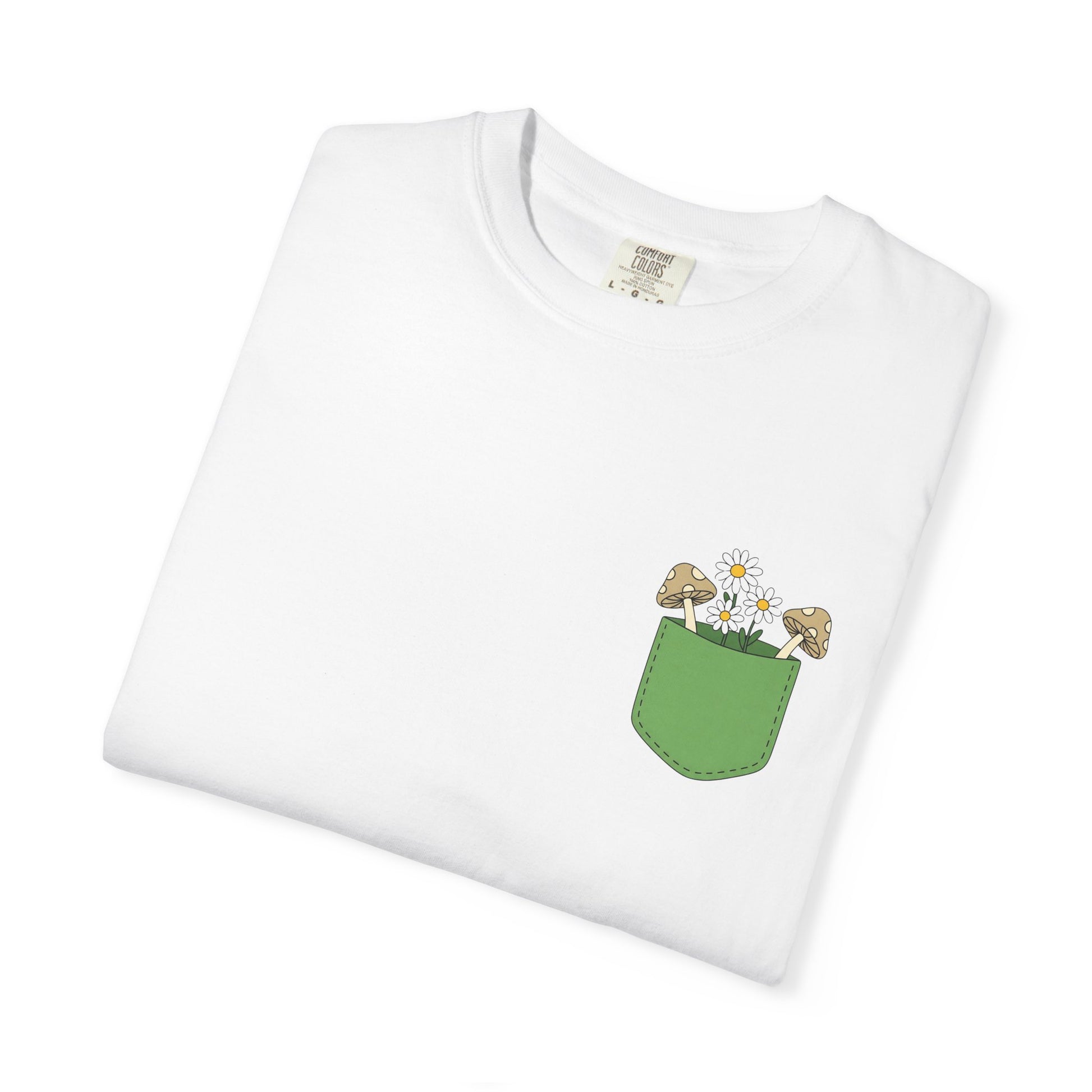 Comfort Colors, Mushroom and Daisy Pocket T-Shirt, Cute Nature Kawaii Tee,  Unisex Garment-Dyed Tee, Flower Lover Shirt