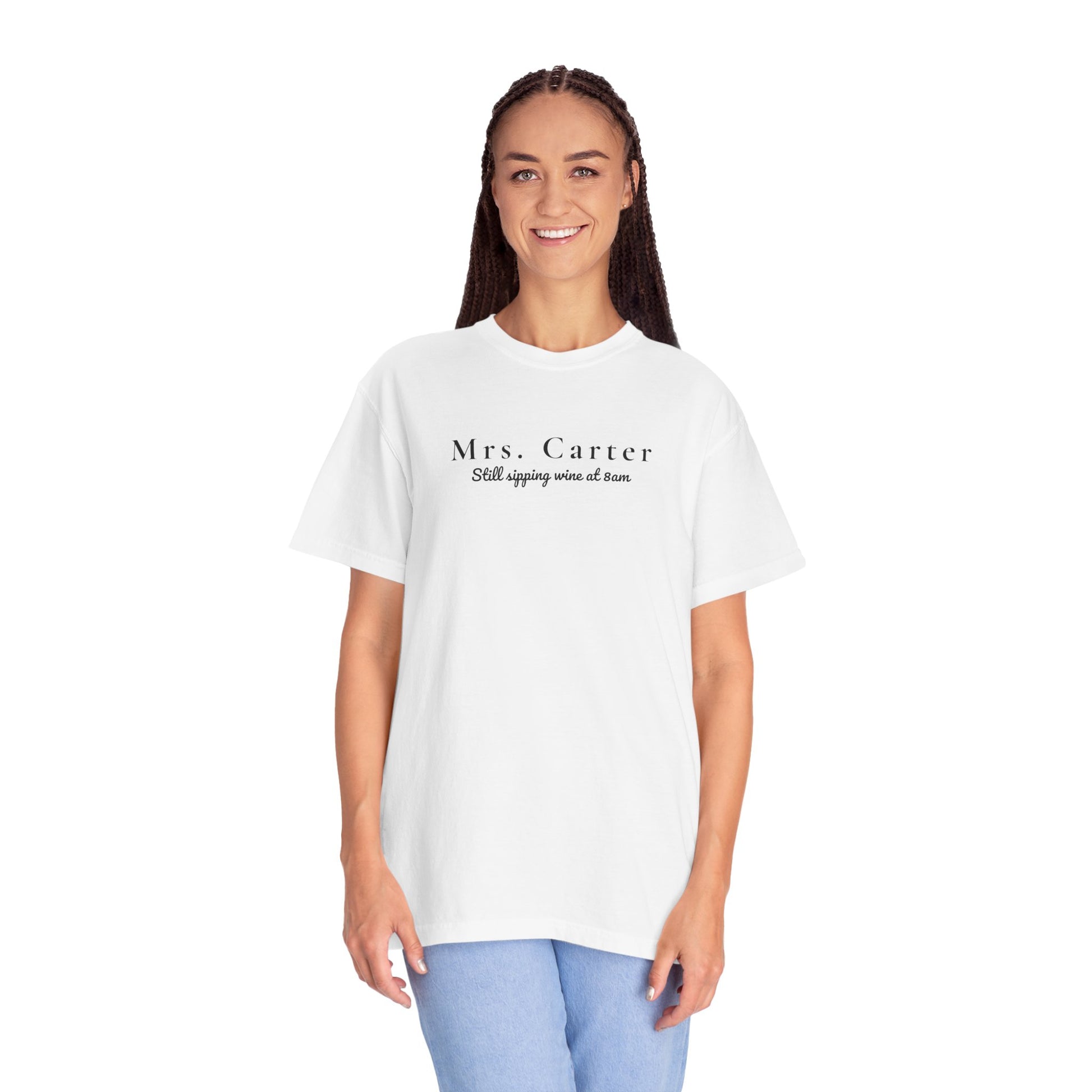 Comfort Colors® Custom Unisex Garment-Dyed T-shirt, Mrs Custom Still Sipping Wine at 8am Tee, Marriage Material, Bridal Shower Gift