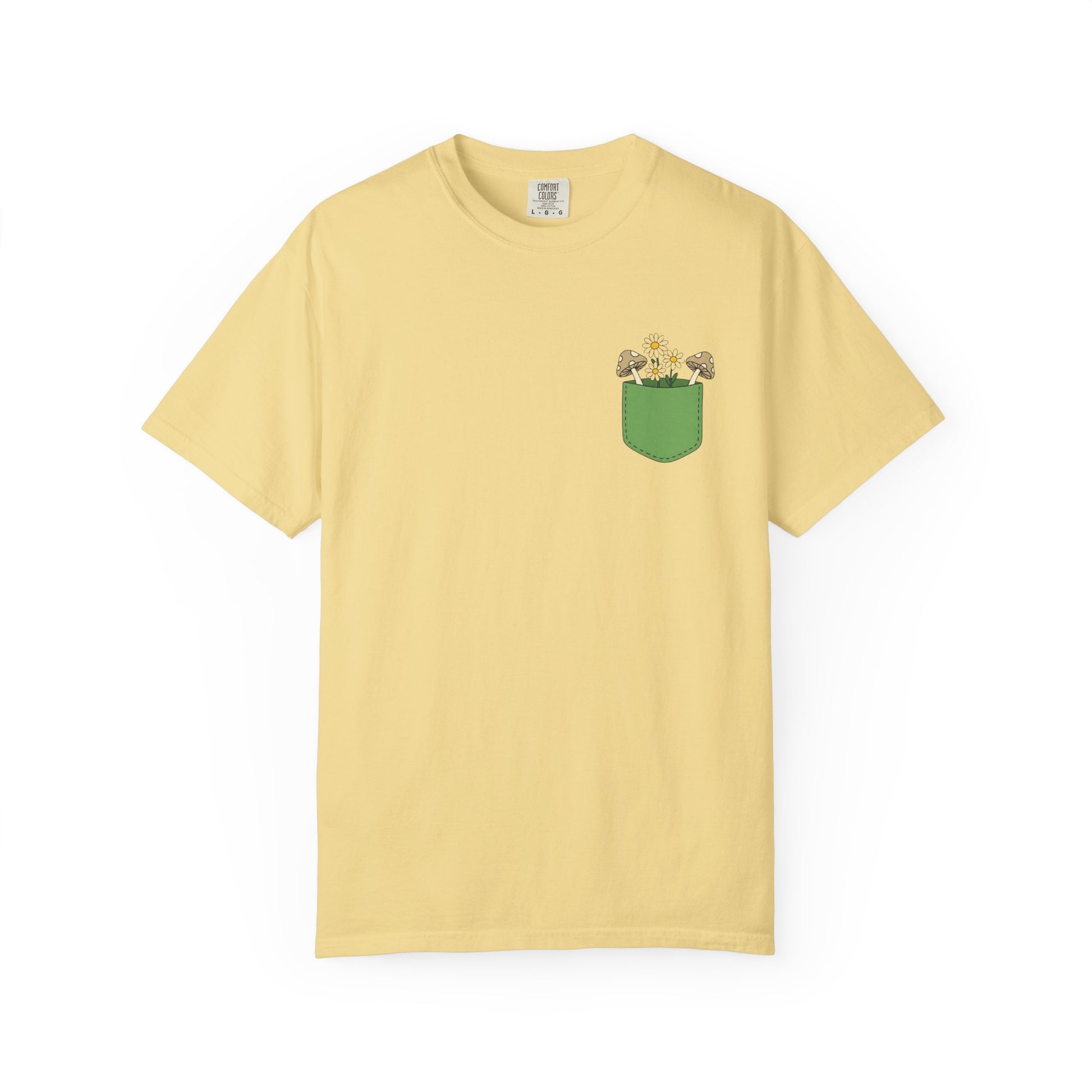 Comfort Colors, Mushroom and Daisy Pocket T-Shirt, Cute Nature Kawaii Tee,  Unisex Garment-Dyed Tee, Flower Lover Shirt