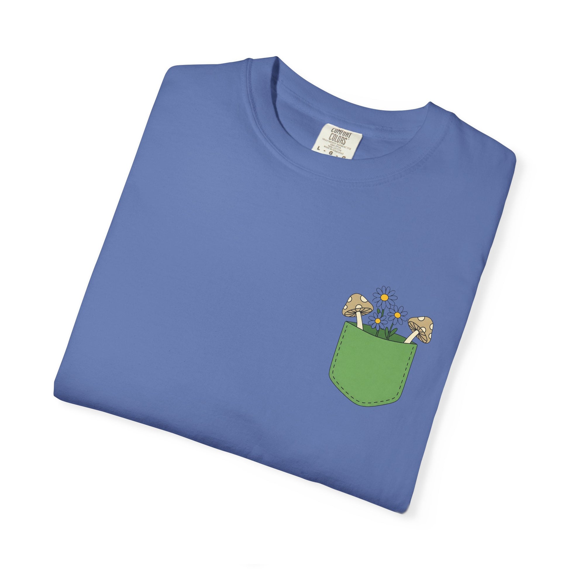 Comfort Colors, Mushroom and Daisy Pocket T-Shirt, Cute Nature Kawaii Tee,  Unisex Garment-Dyed Tee, Flower Lover Shirt