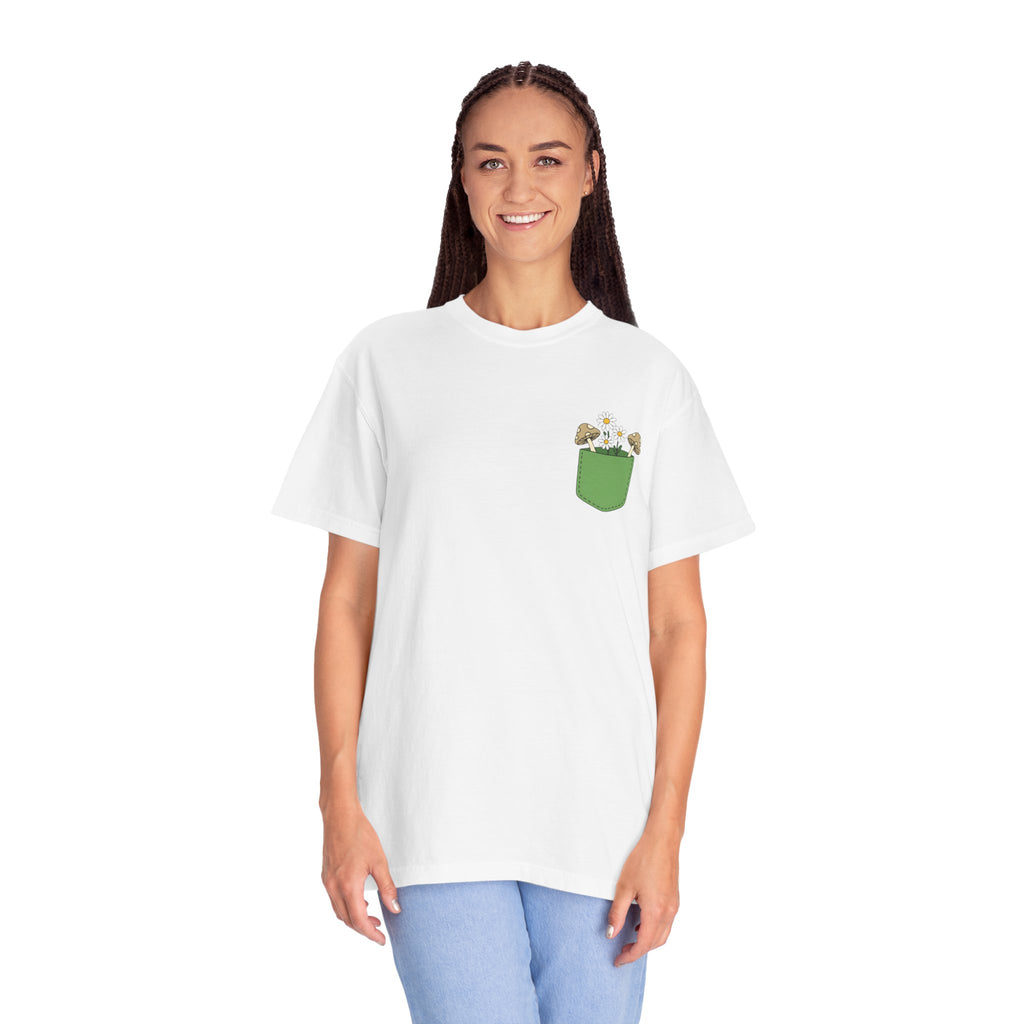 Comfort Colors, Mushroom and Daisy Pocket T-Shirt, Cute Nature Kawaii Tee,  Unisex Garment-Dyed Tee, Flower Lover Shirt